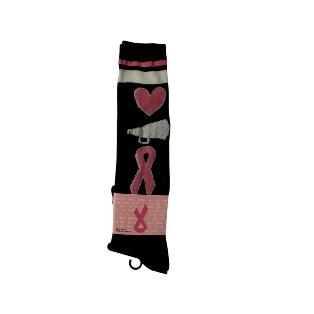 Breast Cancer Awareness Socks Cheerleader Heart Ribbon Black‎ Pink Size 9-11
